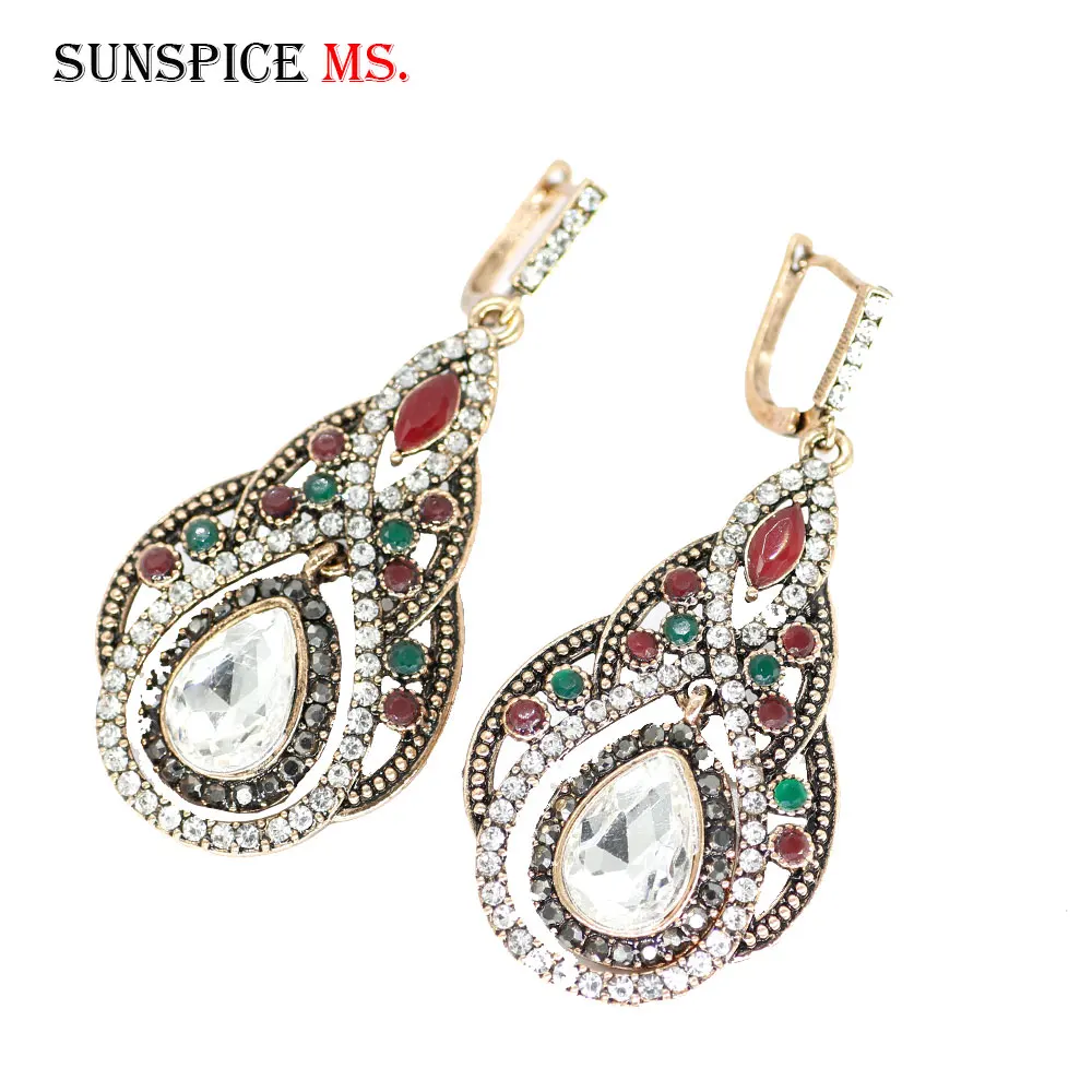 

SUNSPICE MS Big Drop Earrings For Women Multicolor Crystal Flower Dangle Earrings Antique Gold Color Turkish Wedding Jewelry