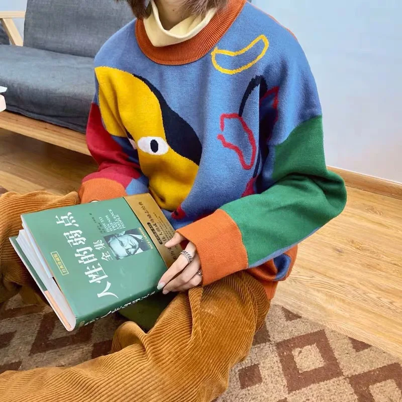 

Vintage Autumn Winter Geometric Pattern Argyle Pullovers Loose Oversized O-Neck Knitted Sweaters Woman Jumper Mujer Flower Print