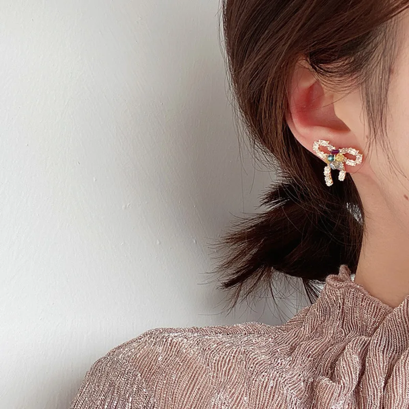 2020 New Korean earring Sweet Crystal Bowknot Zircon Stud Earrings For Women Girls Cute Boucle D'oreille Jewelry Accessories