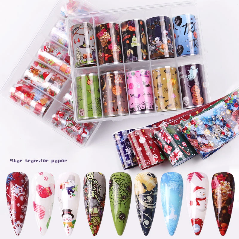 

10 Rolls Christmas Decorations for Nails Snowflake Elk Gift Bat Pumpkin Transfer Nail Foil Sticker Slider Nail Decals Manicure
