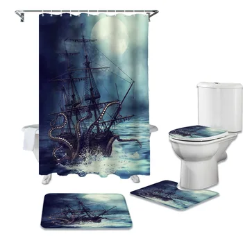 

Pirate Octopus Moon Ship Sailing Shower Curtains Set Bath Mat Set Toilet Cover Waterproof Shower Curtain Set Bath Mats Rugs