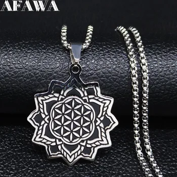 

2020 Flower of Life Stainless Steel Chain Necklace for Women Silver Color Black Enamel Statement Necklace Jewelry joyas N3218S02