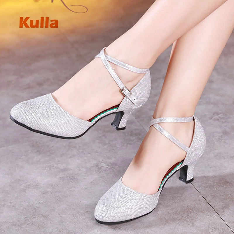Zapatos de baile latino de Tango para mujer, calzado de punta cerrada con purpurina dorada y plateada, zapatos de baile de salón y Salsa de fiesta, altos de 3cm y 5cm| | -
