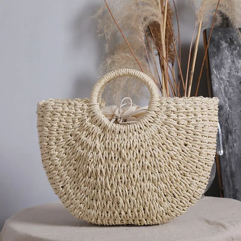 

Weysfor Summer Handmade Bags for Women Beach Weaving Ladies Straw Bag Wrapped Beach Bag Moon shaped Top Handle Handbags Totes