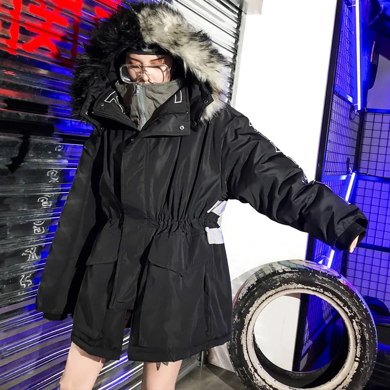 90% OFF Hip Hop Fur Collar Parkas Men Women Streetwear Thick Winter Jacket Coats Reflective Strip Loose Parka Couples Oversize DG543