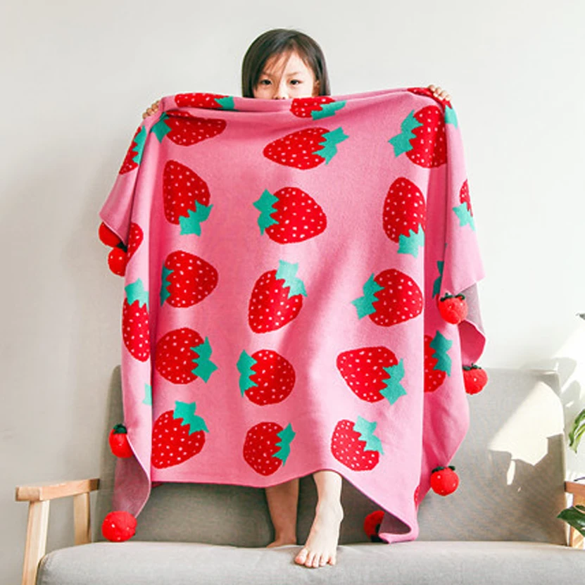Christmas bedding Strawberry knit blanket tassels with pompom cotton wool blanket sofa throws baby sleep blanket