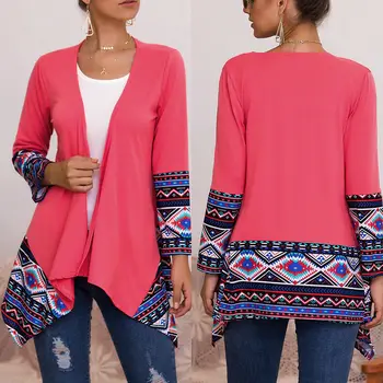 

Women Geometric Pattern Print Cardigan Stitching Irregular Cardigan Long Sleeve Casual Coat IK88