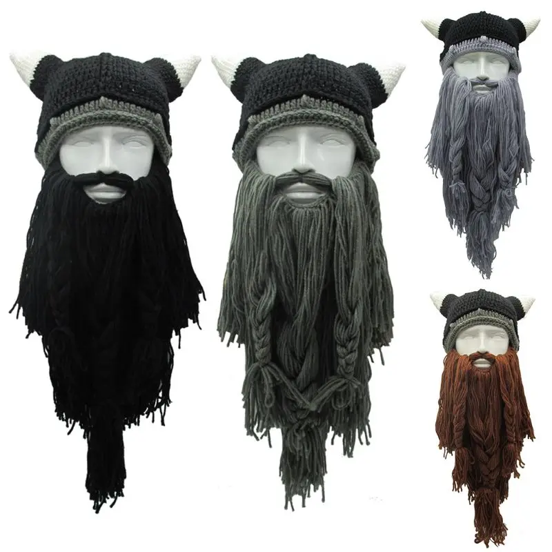 Adult Crazy Funny Halloween Cosplay Knitted Viking Beard Horn Hat Ski Mask Barbarian Vagabond Vintage Beanie Cap Winter Warmer