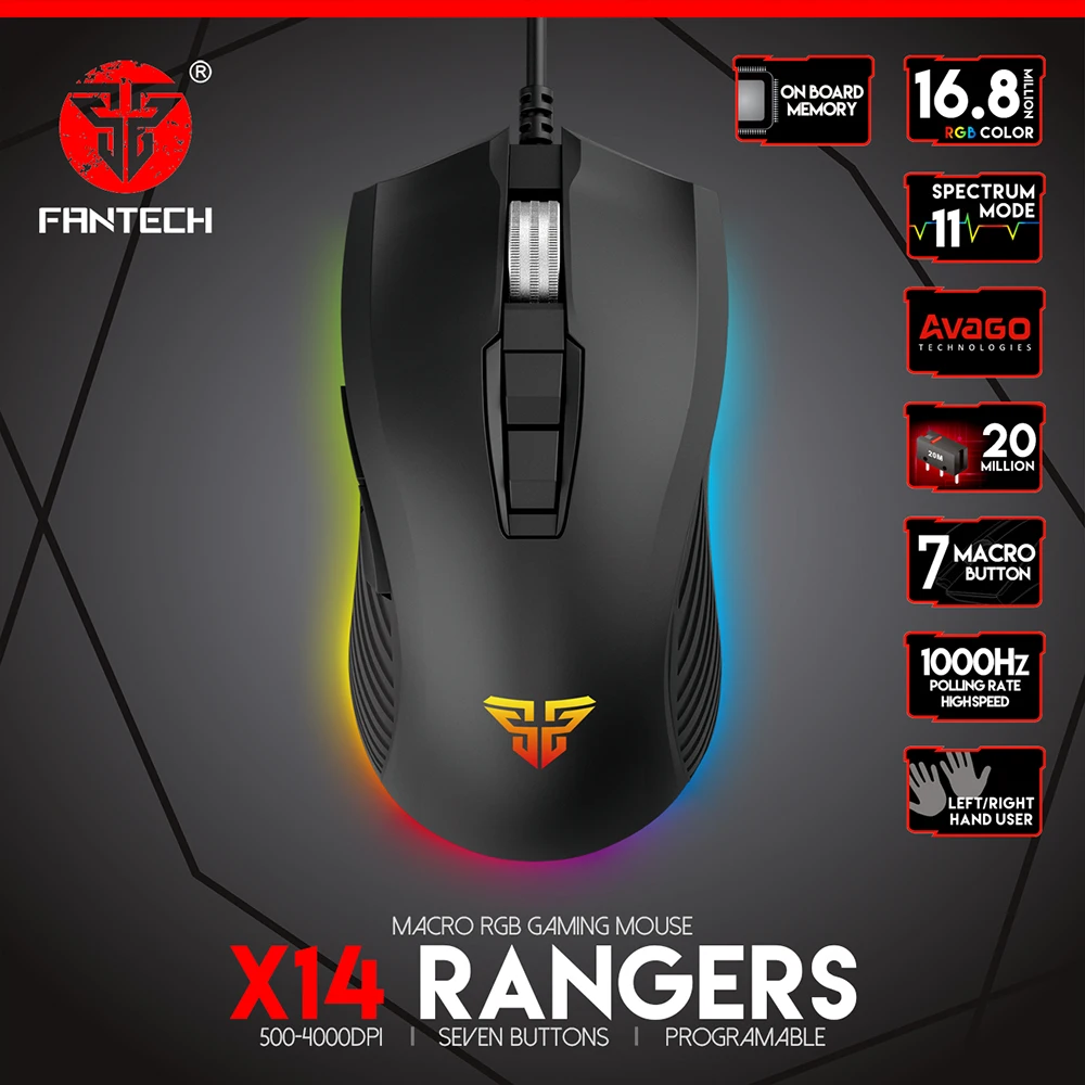 

FANTECH X14 Gaming Mouse 4000 DPI Adjustable 7 button Macro Profession Game Mice For mouse gamer ergonomic mouse