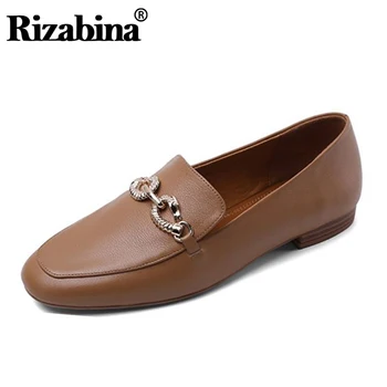 

RIZABINA Genuine Leather Office Lady Flats Shoes Woman Buckle Fashion Loafer Shoes Casual Daily Work Dress Footwear Size 34-39