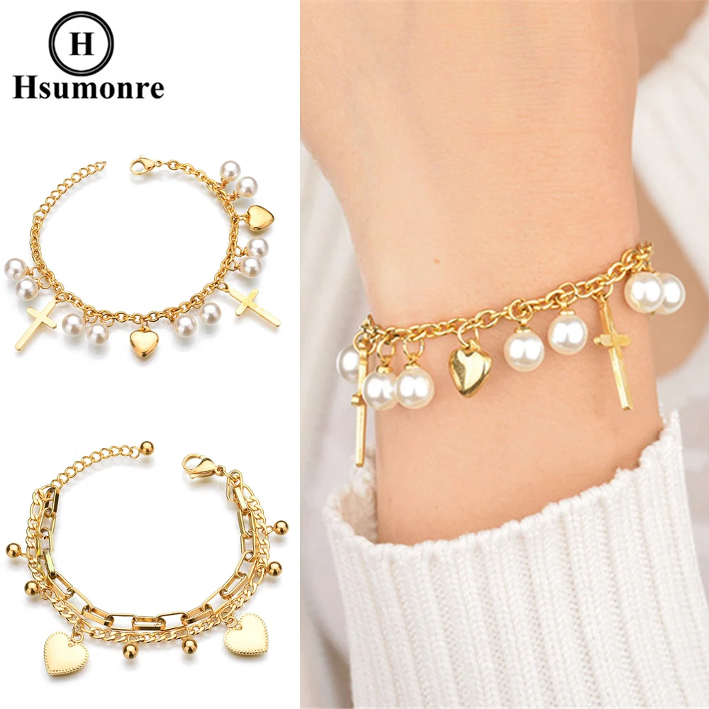 Cross Link Bracelets for Women Beaded Heart Charm Wristband Boho Style Multi-layer Gold Plated Stainless Steel Girfriend Gift | Украшения и