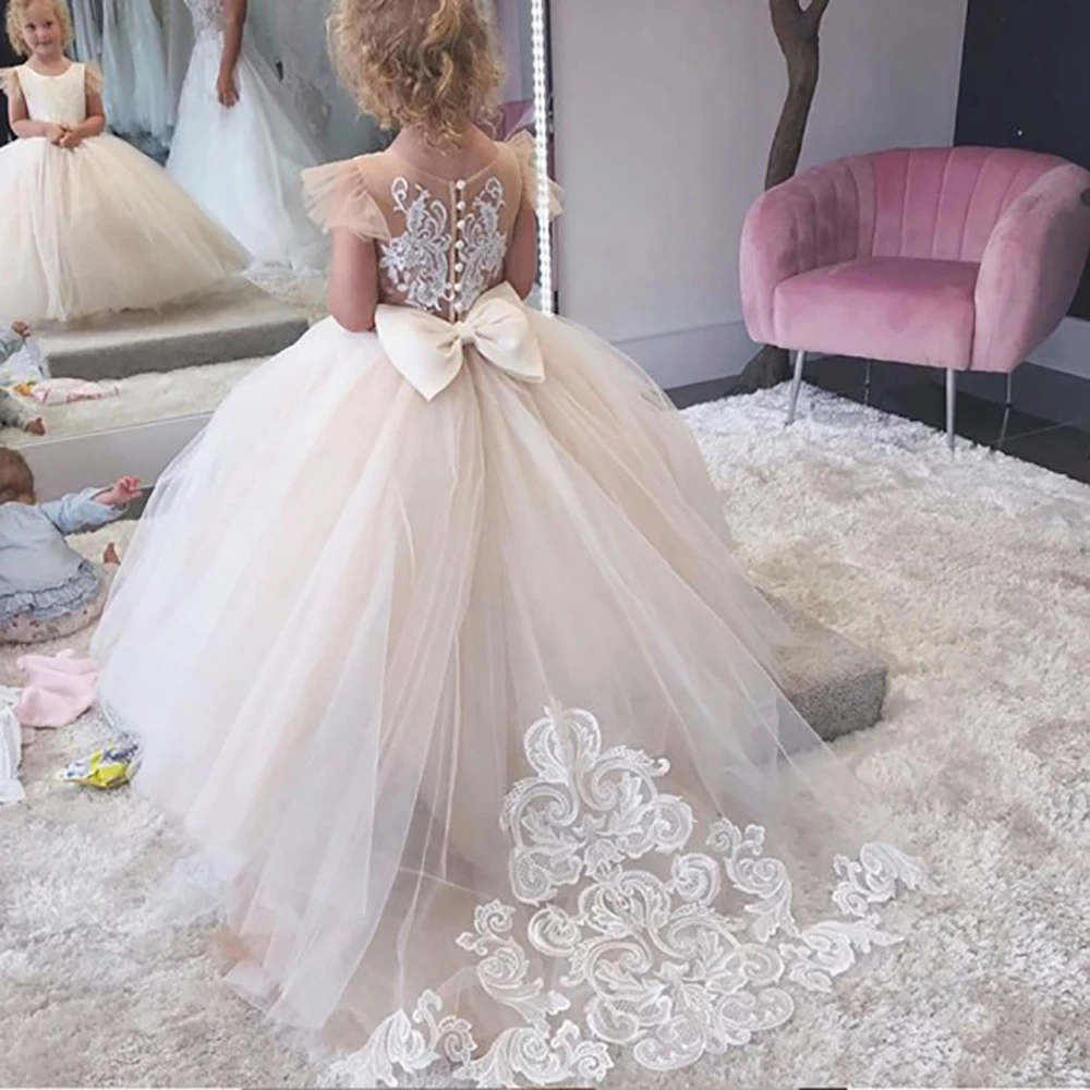 vestidos de para niña, vestidos de flores de marfil, apliques para vestido fiesta, Mangas de casquillo, vestido de princesa hinchada, lazo, primera comunión|Vestidos floreados de niña| - AliExpress