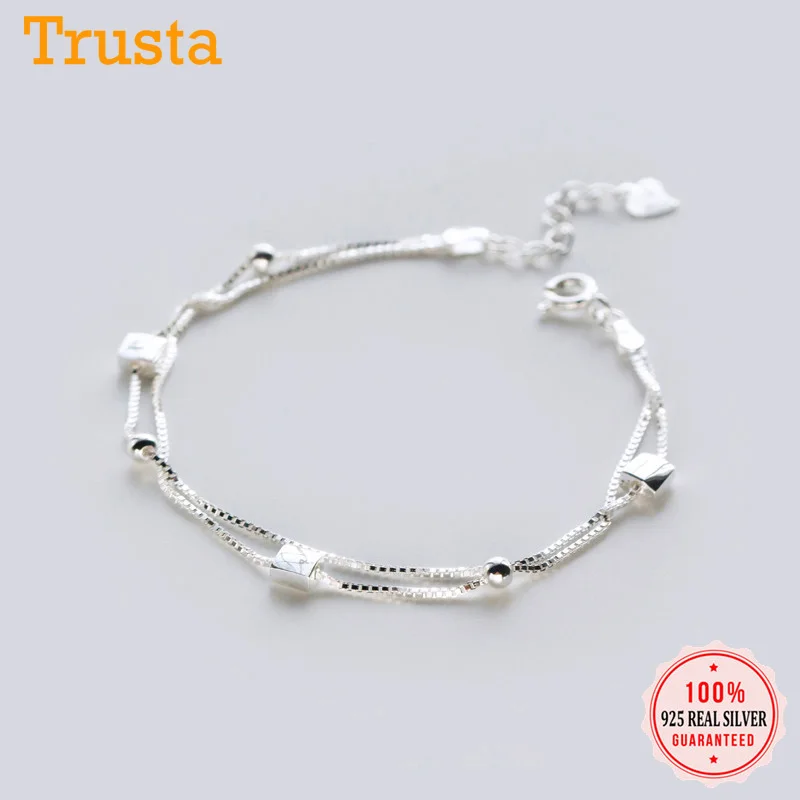 Trusta 925 пробы серебряные Модные женские ювелирные изделия двухслойные бусины квадратный браслет 16 см для подарка девушки леди DS485