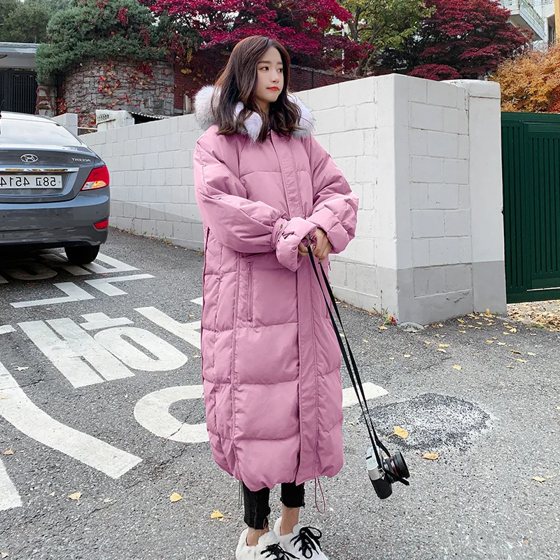

Large Fur Collar Cotton Coat Women's Long over-the-Knee 2019 New Style Winter Korean-style Loose Warm Hooded Cotton-padded Cloth