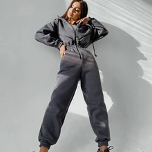 Vintage Y2K Hooded Jumpsuits Winter Fleece Pants for Women Oversized Pants Tracksuits Fitness Sport Suits Zipper One Piece Set 