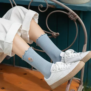 

Dreamlikelin Spring Autumn Women's Cute Socks Little Strawberry Embroidery Candy Color Girls Cotton Ruffles Socks