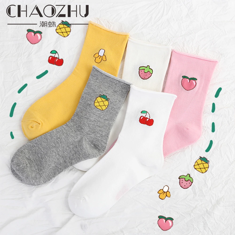 CHAOZHU, женские носки, Мультяшные фрукты, милые, каваи, свободный верх, хлопок, трикотаж, мягкий, персик/банан/носки с вишней, для повседневной женщины