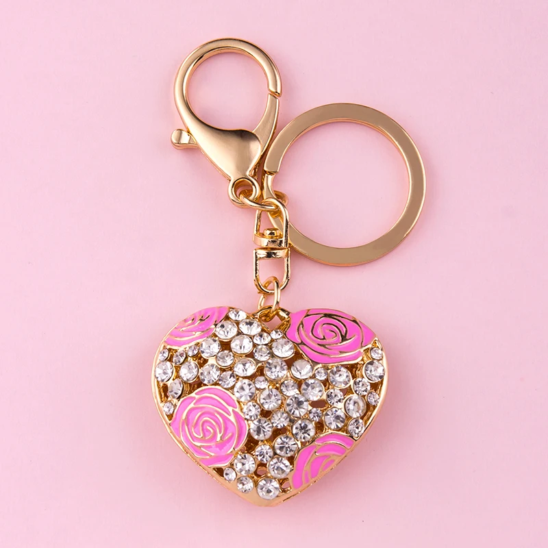 Metal Crystal Hollow Love Heart Keychain Rhinestone Trinket Women Couple Pendant Bag Car Key Ring Jewelry Lanyard Accessory Gift