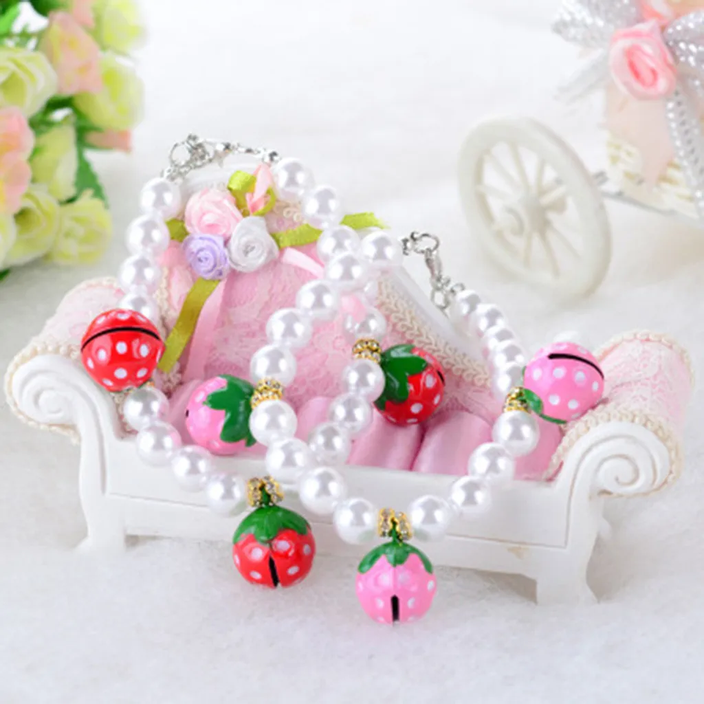 Popular Elements Cute Mini Pet Dog Collars Pearl Strawberry Necklace Bell Cat Collar Pet Collar