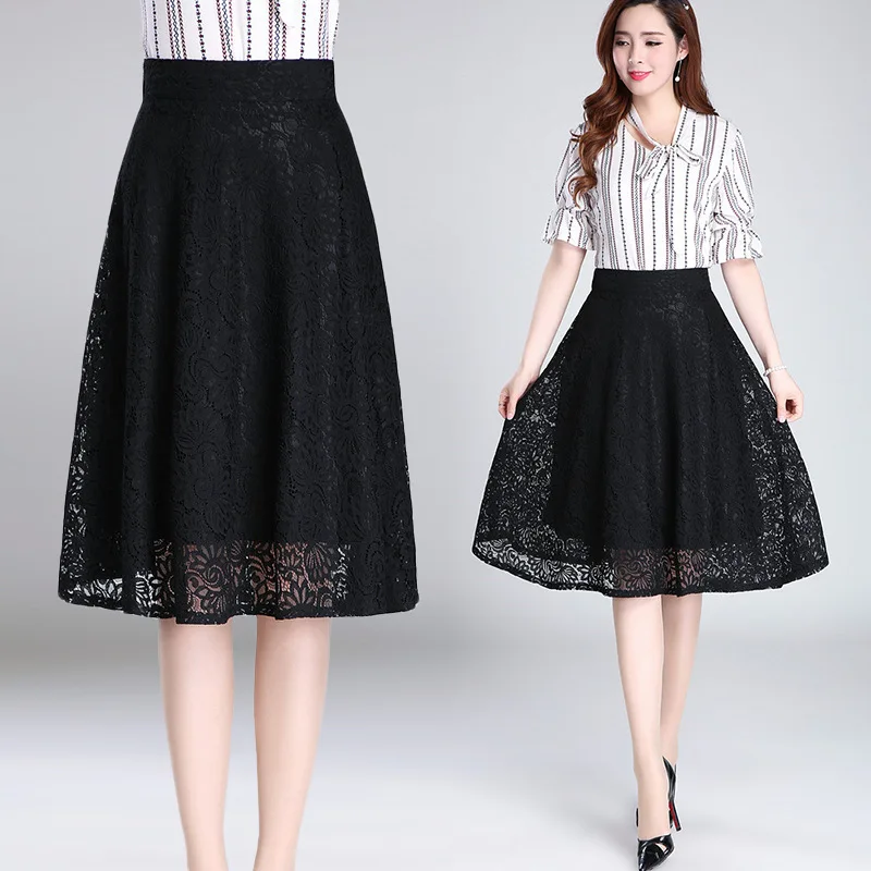 

2019 Summer New Style Versatile Lace Mid-length Skirt Middle-aged Women's Mom Skirt Black Dress