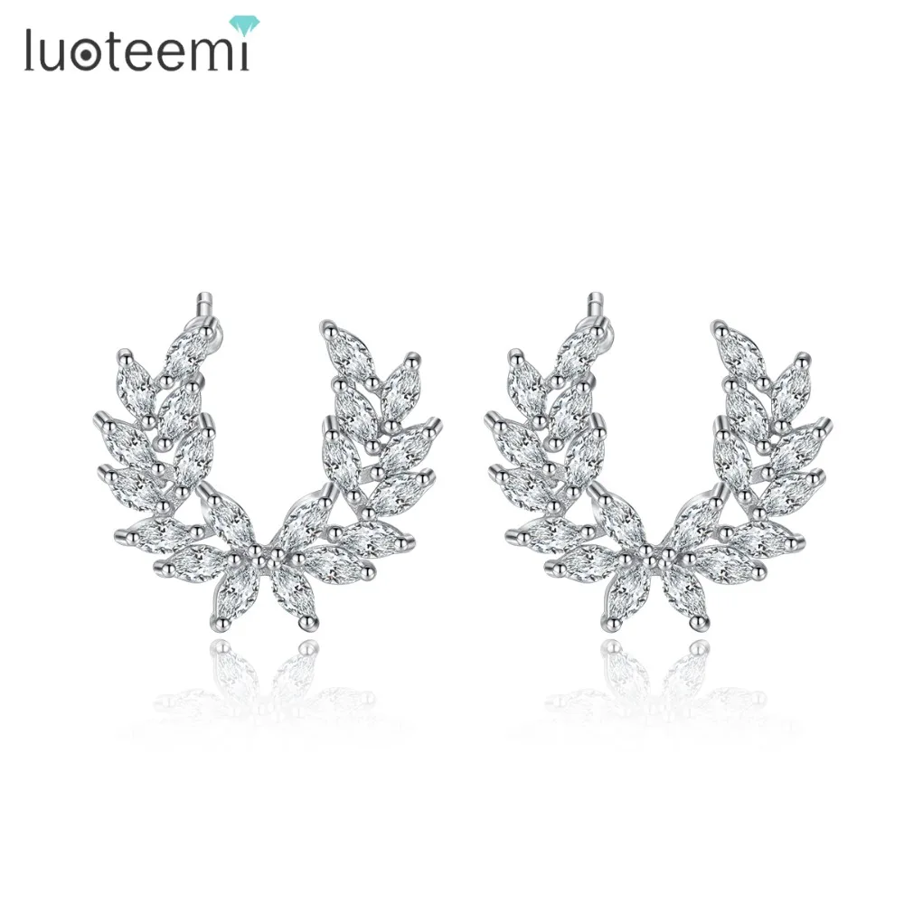 LUOTEEMI модные пуссет перо серьги для Для женщин Свадебная вечеринка Jewelry Крылья Ангела камень CZ серьги листьев Brincos рождественские подарки