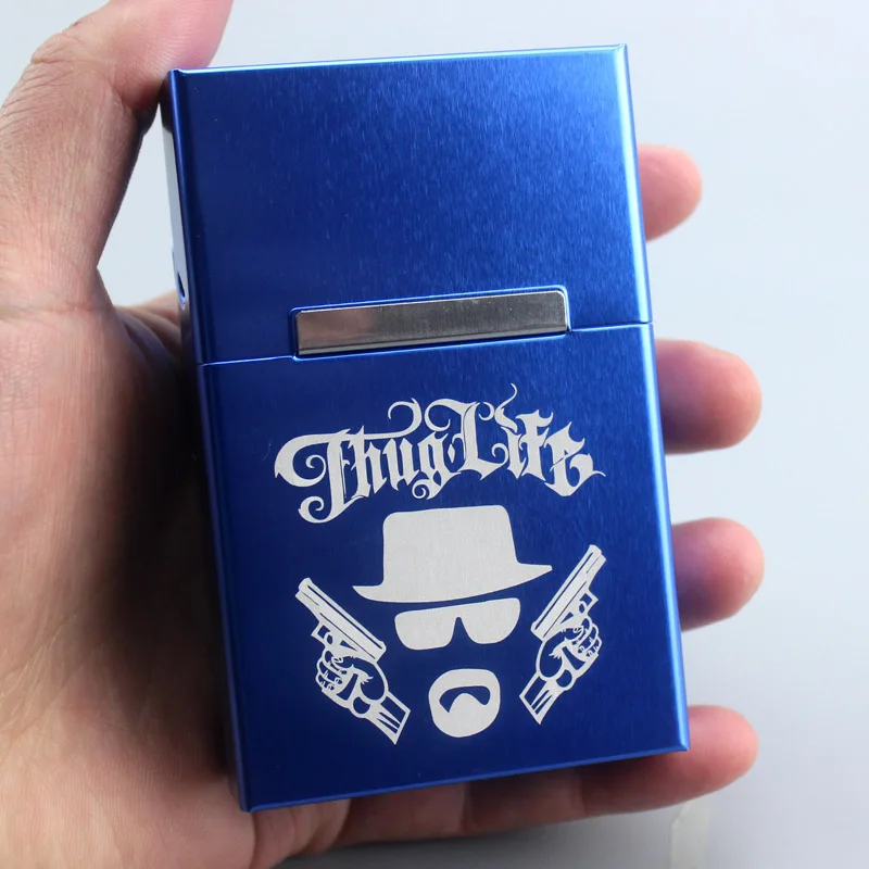 Thug Life Blue Металлический чехол для сигарет Fun Thug Life черный красный фиолетовый серый синий золотой ящик для сигарет алюминиевый сплав лазерная маркировка логотип на заказ - Цвет: Thug Life Blue