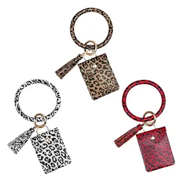 

3 Color Leopard Print Keychain Bracelet PU Leather Wristlet Coin Purse Fashion Card Key Holder Kit with Tassel for Women