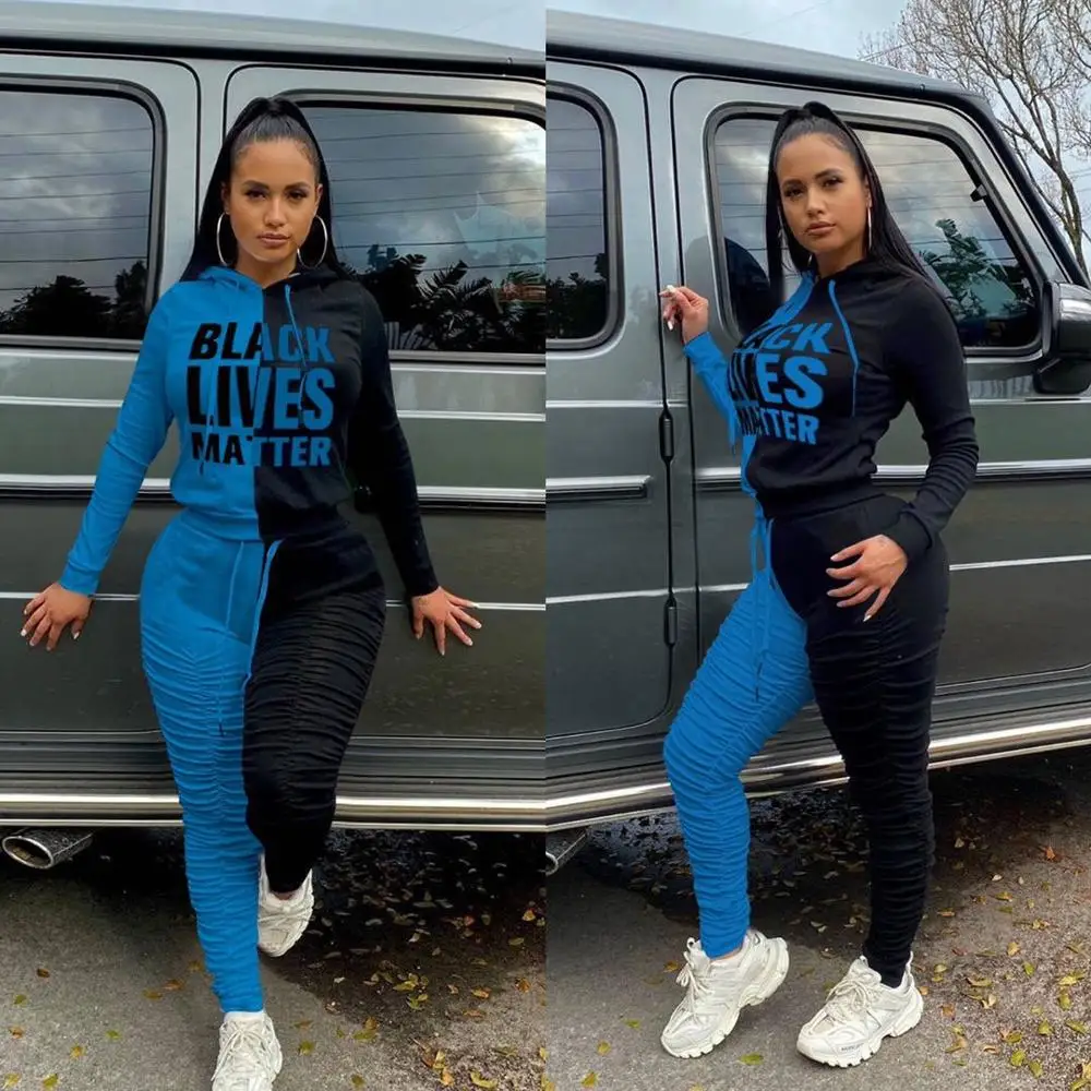

2020 Winter New Womens Casual Two Pieces Set Sweat Suits Long Sleeve Hooded Sweatshirt And High Waist Stacked Sweatpants Set