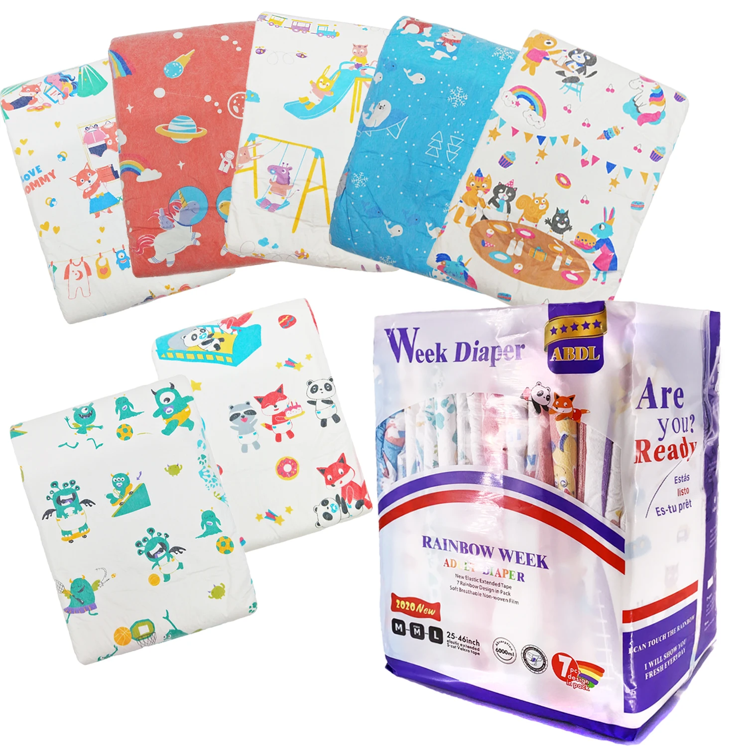 

TEN@NIGHT Rainbow Weekly Diaper ABDL Big Volume Extra Large Size Adult Diaper Stretchy Waist DDLG Diaper 7pcs In A Pack