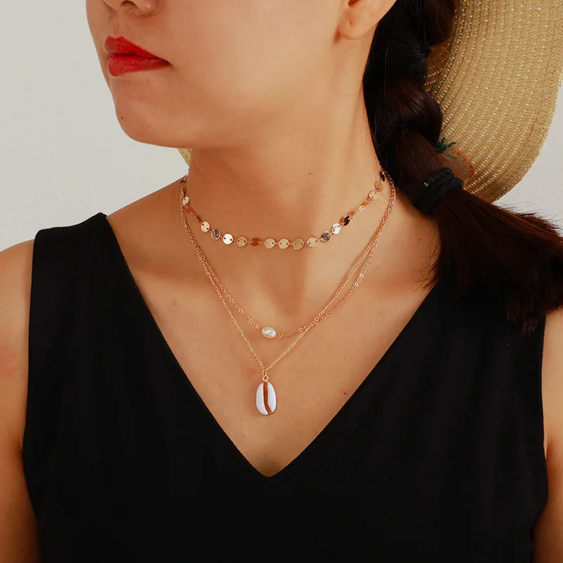 

2019 European New Layered Conch Necklaces Jewelry Fashion Simple Women Alloy Sequins Pearl Sea Shell Multilayer Necklace Gifts