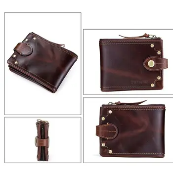 

1Pc Men's Crazy Horse Oil Leather Trifold Card Purse Zipper Wallet Bag Hot