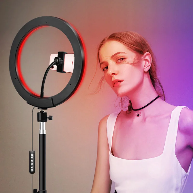  10 inch smart phone Holder Photography Lighting 3200-5600k Dimmable LED RGB Video Ring Light Selfie - 4000387190959