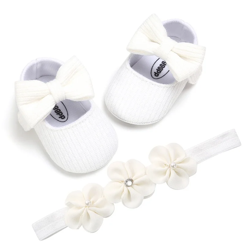 Демисезонный для новорожденных, малышей, девочек обувь, хлопковая ткань милое кружевное платье с цветочным рисунком с ленточками и жемчугом, обувь для принцессы с бантом+ повязка на голову с цветочным узором - Цвет: White