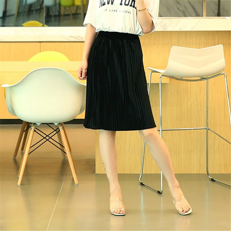 Осенне-весенняя модная Однотонная юбка с эластичной резинкой на талии SML XL XXL с высокой талией Женская Повседневная Юбка До Колена Женская плиссированная юбка