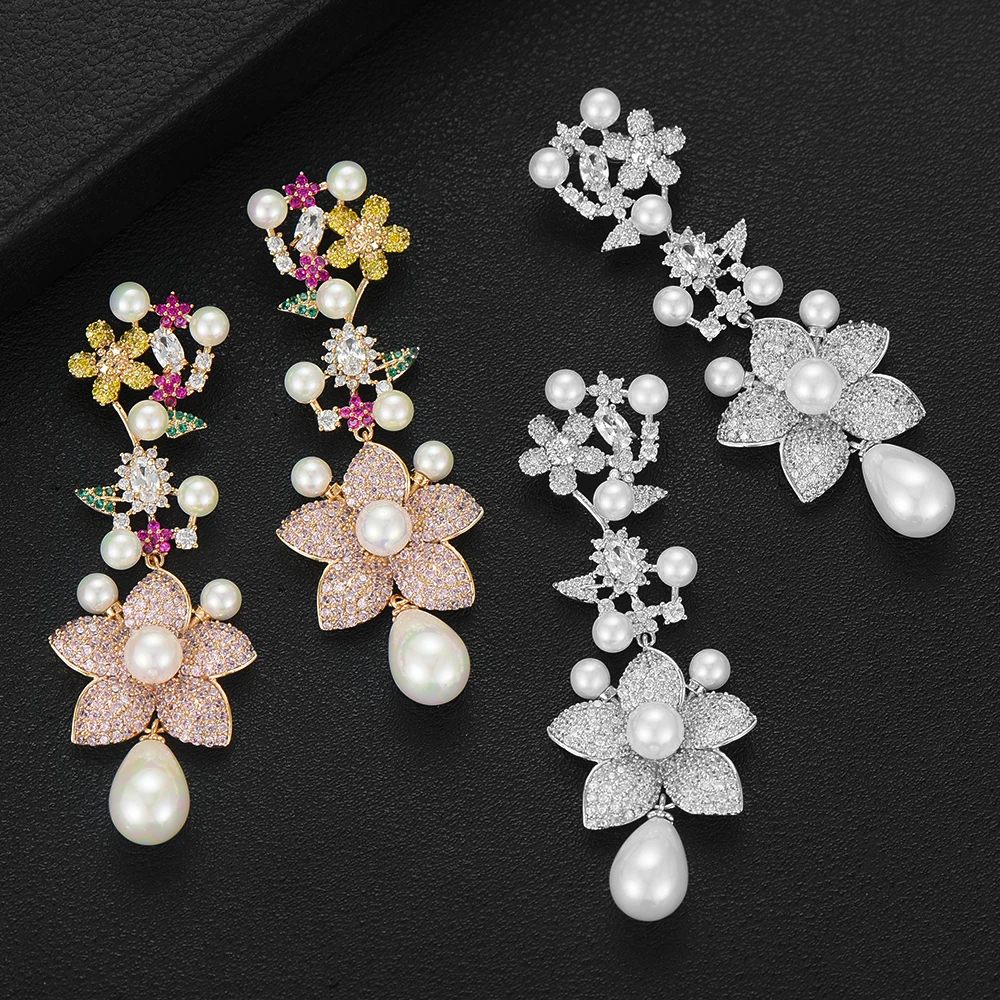 GODKI новые серьги с цветком Роскошные богемные висячие серьги с искусственным жемчугом для женщин Свадебные модные украшения