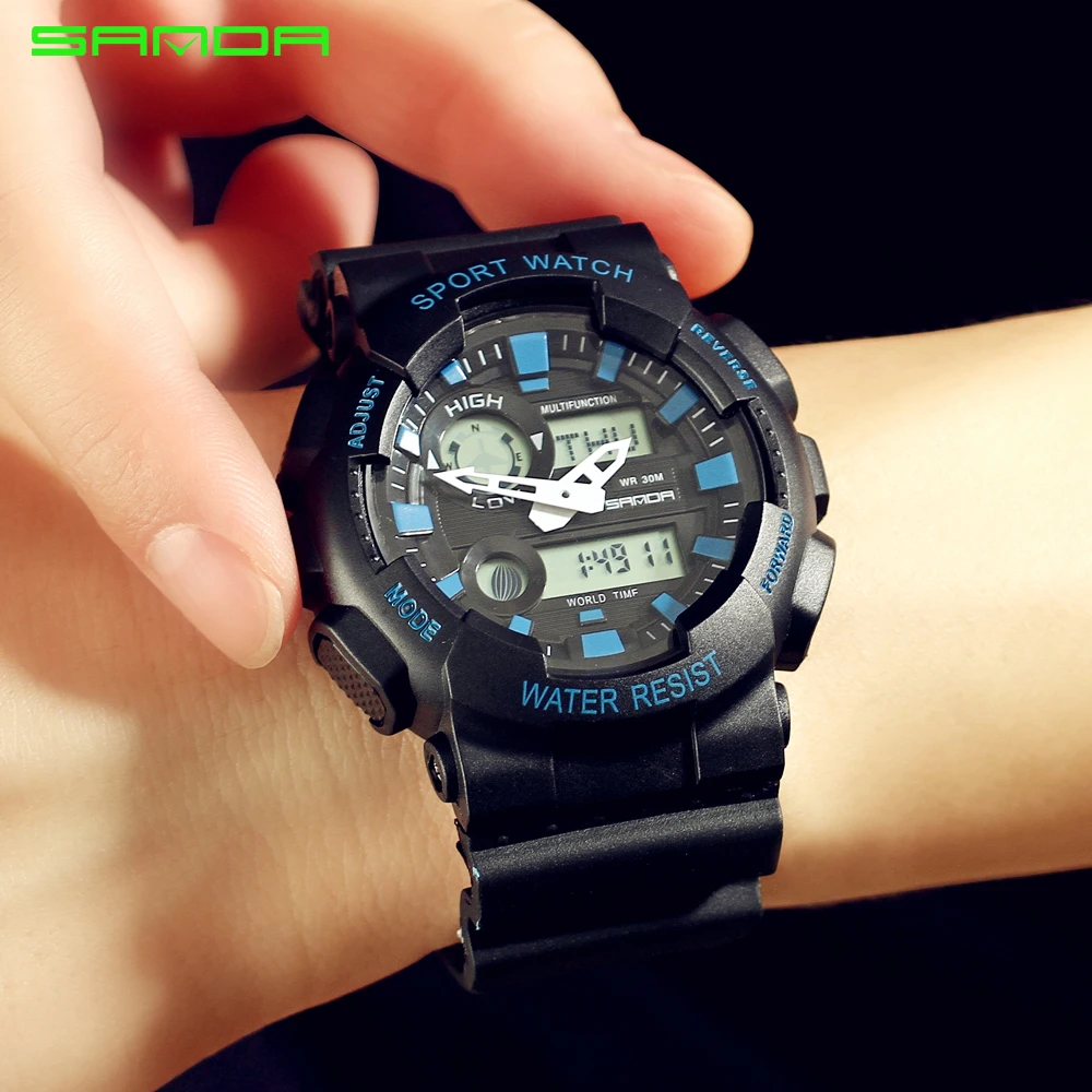Black Blue SANDA военные спортивные водонепроницаемые Уличные светодиодные цифровые наручные часы мужские часы лучший бренд Дайвинг Мужской будильник часы Relogio Masculino - Цвет: Black Blue