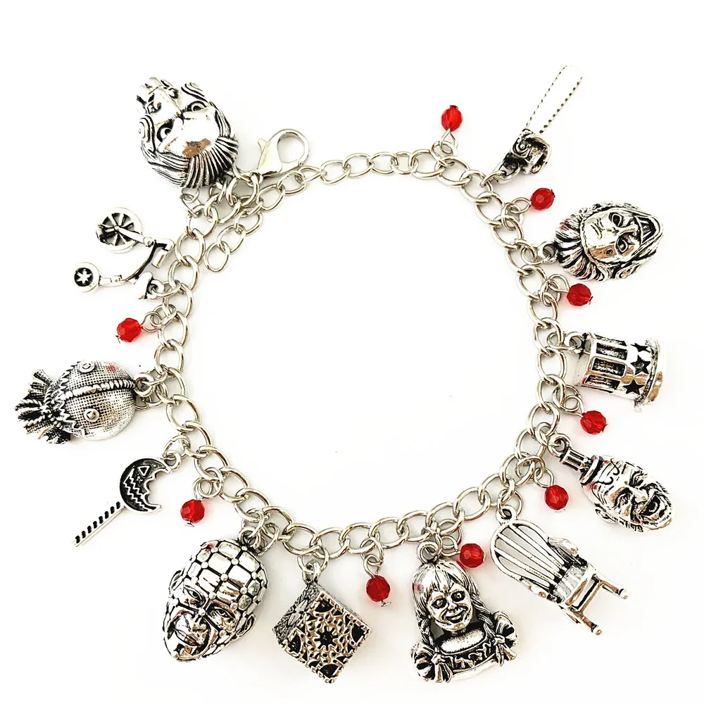 

20pcs lot Annabelle Conjuring Captain Spaulding Hellraiser Leatherface Sam Doll Trick or Treat Saw Horror charm bracelet HRBBB01