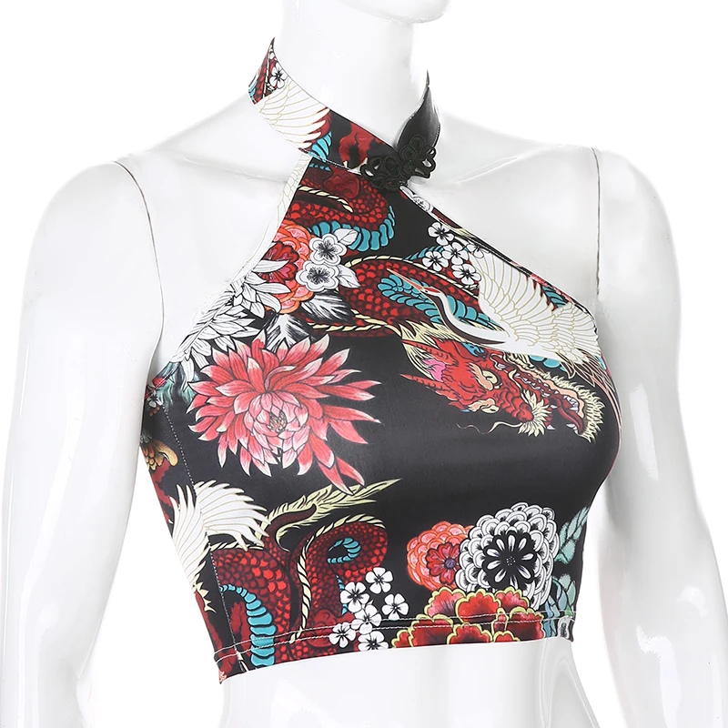 Tシャツ・アパレル Dragon Girl Halter Tank Top Women's Chinese Style Backless Dragon Printed Summer Halter Tank