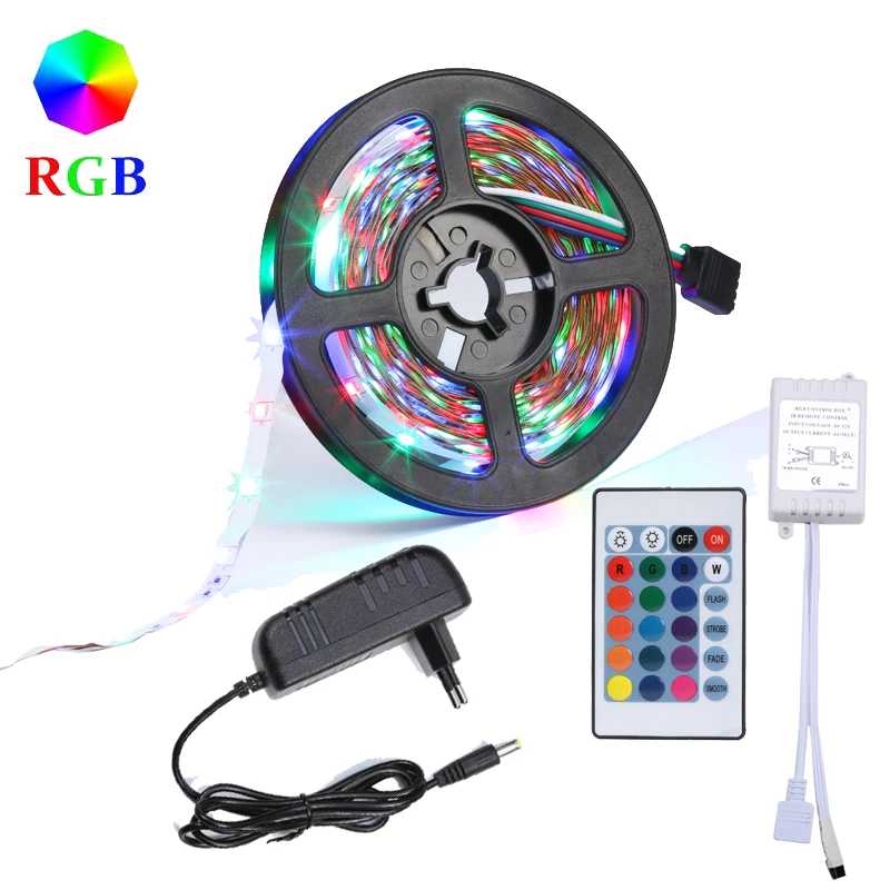 

5M 300LED DC12V RGB LED Strip Light 2835 SMD NO Waterproof LED tape Flexible 24Key Power Remote Adapter Full Set diode ribbon