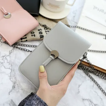 

Solid Color PU Leather Chain Shoulder Strap Bag Mobile Phone Bag Women Summer Bag Card Holders Ladies Wallet Purse Handbag