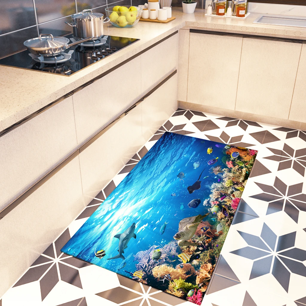 Todens 1PC Underwater World Print Floor Mat Flannel Cushion Non-Slip Kitchen Home Bathroom Mat 