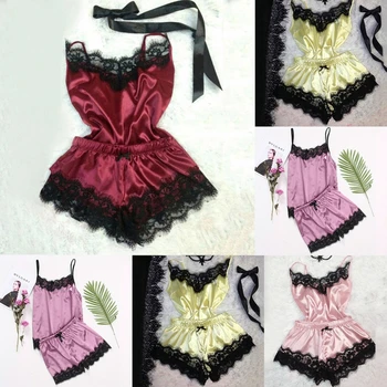 

Womens Sexy Imitated Faux Silk Pajamas V-Neck Solid Color Camisole Sleepwear Eyelash Floral Lace Trim Wide Leg Shorts Nightwear