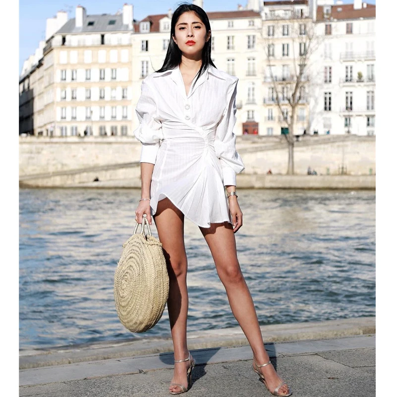 

AEL White Sexy Ruched Shirt Mini Dress Long Sleeve Turn Down Collar Irregular Blouse Dress Female Autumn Spring 2019