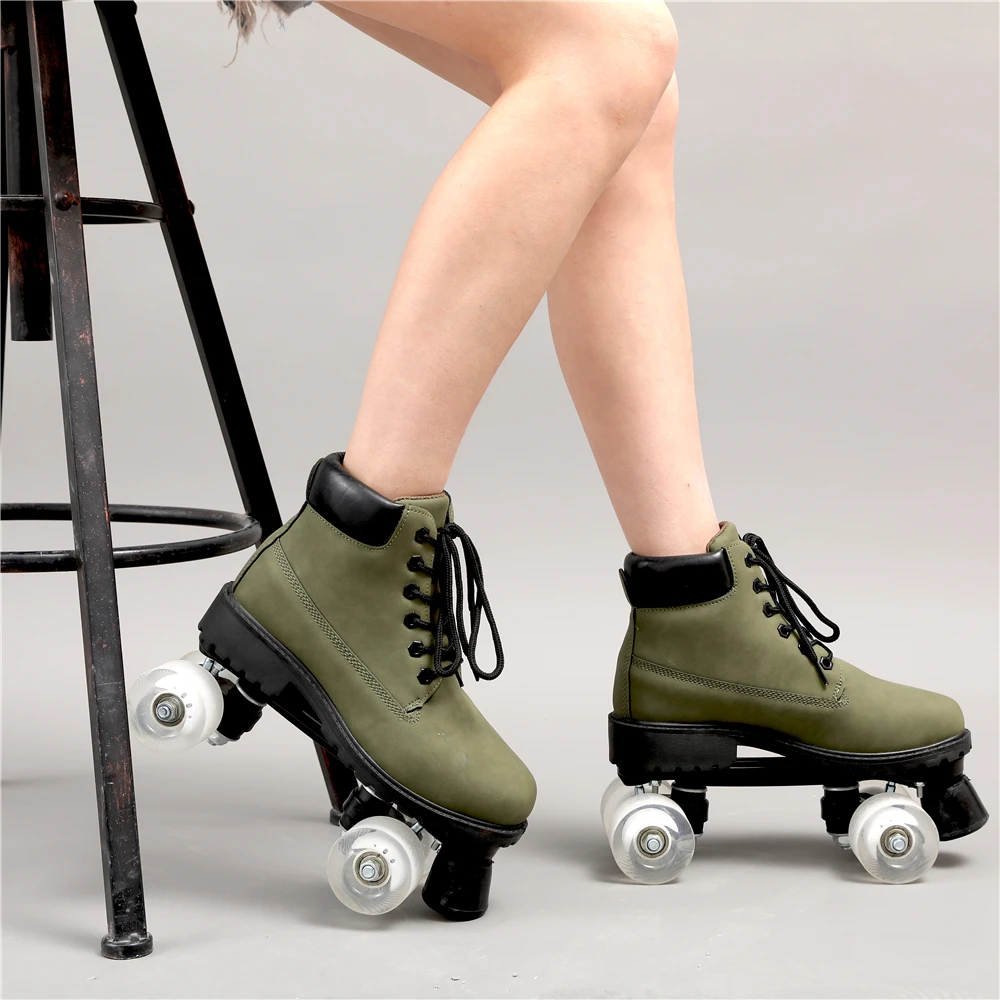 Женские роликовые коньки из экокожи зеленый цвет 4 колеса патины два ряда для