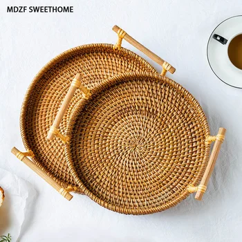 

MDZF SWEETHOME 22/24cm Rattan Storage Tray Round Food Basket With Handle Hand-Woven Rattan Tray Bread Fruit Food Kitchen Storage