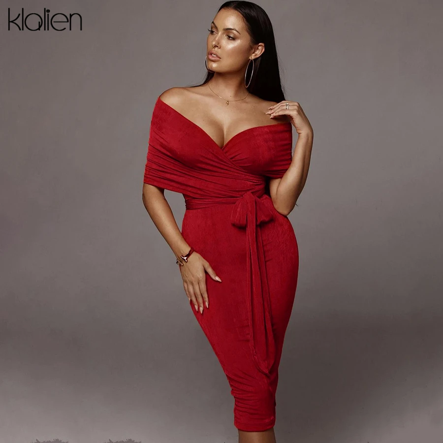 KLALIEN Autumn Elegant stretch Slim off shoulder midi Dress women fall winter Sexy club Party night Strapless bodycon Dress