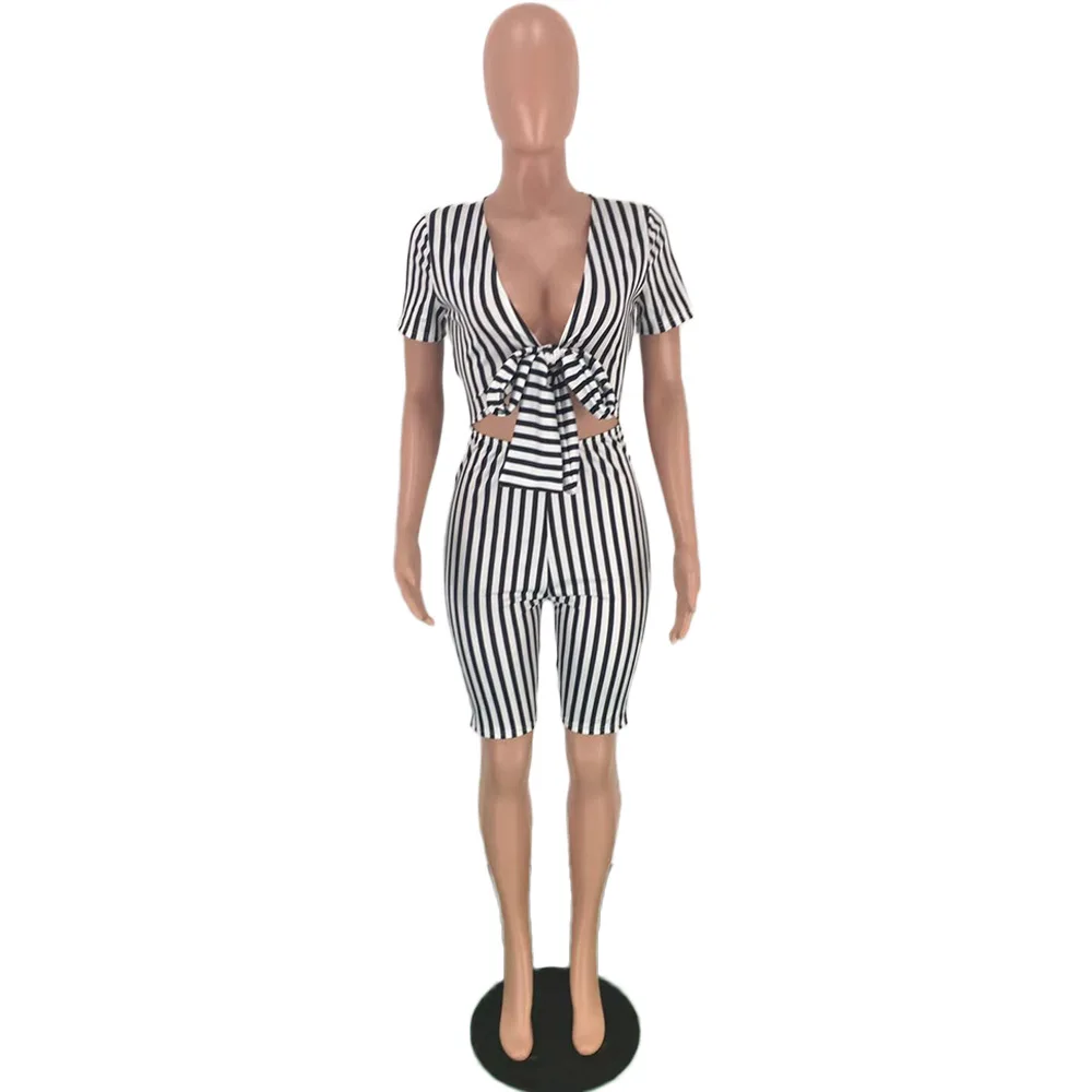 Waist Band Cut Out Sexy Striped Playsuits Women Deep V Neck Bow Bandage Jumpsuit Summer Short Sleeve Bodycon Short Bodysuit
