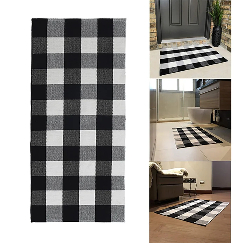 Kitchen Bathroom Cotton Plaid Rugs Black and White Checkered Rug Door Mat Rug Sponge Cleaner #5b25 (1)