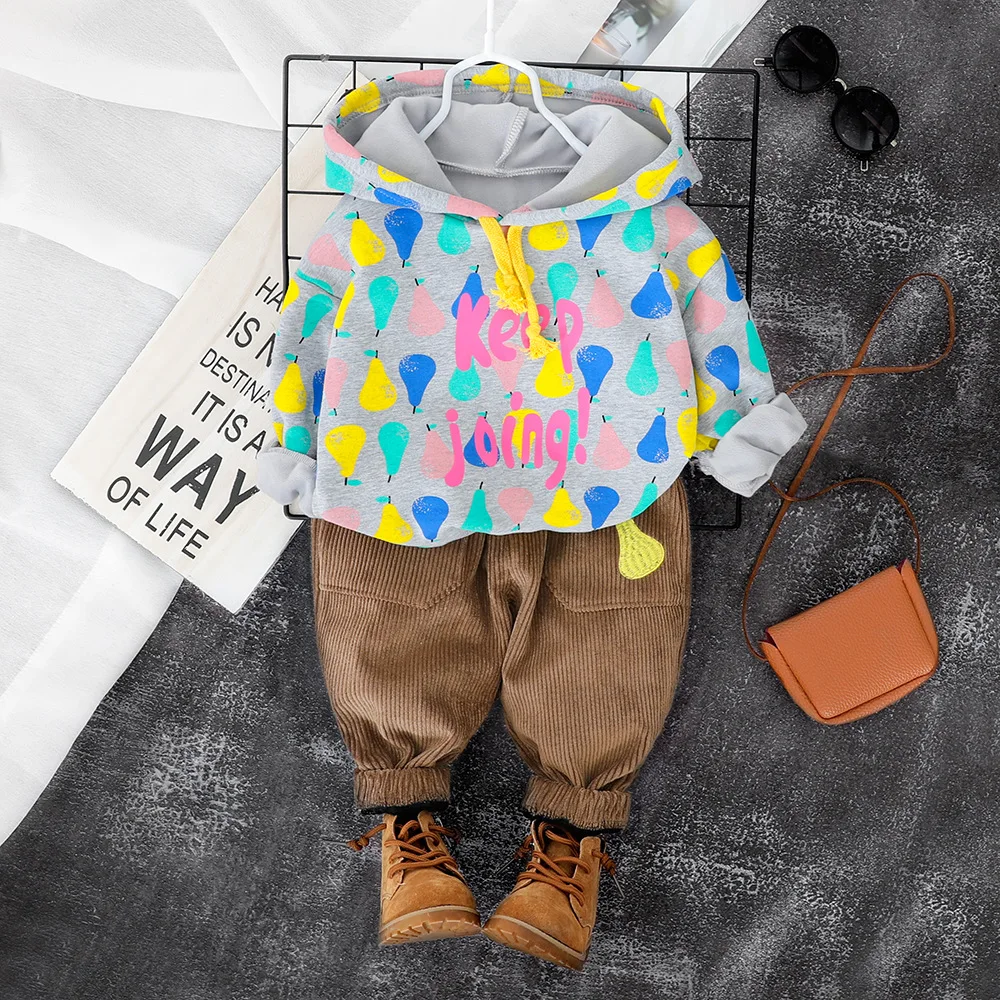 Зимние комплекты одежды для маленьких девочек; плотные флисовые толстовки с капюшоном и принтом фруктов; верхняя одежда+ вельветовые брюки; Детские костюмы из 2 предметов