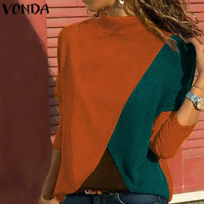 

2019 Autumn Fashion Shirts Women Blouses And Tops VONDA Long Sleeve Blusas Female Casual Loose Patchwork Shirts Plus size Tunic